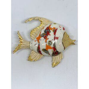 Signed RENE Vintage Glazed Ceramic Belly Angelfish BROOCH Pin Fish Enamel